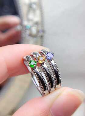 简单爪镶彩宝戒s925银镶嵌天然透辉石黄水晶坦桑石活口女食指戒