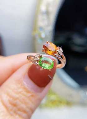 彩宝首饰新款戒指s925银镶嵌天然橄榄石+芬达石上开口可调节