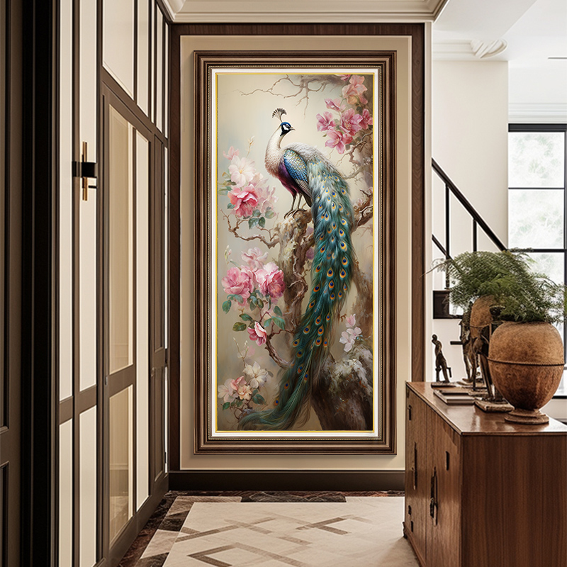富贵孔雀美式入户玄关装饰画楼梯间壁画新中式走廊过道竖版挂画图片