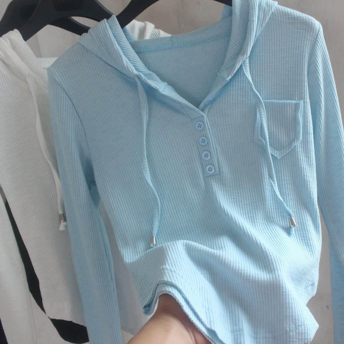 连螺帽袖短外长套运动休闲螺纹连帽百搭针织衫纹口上袋短衣防晒套