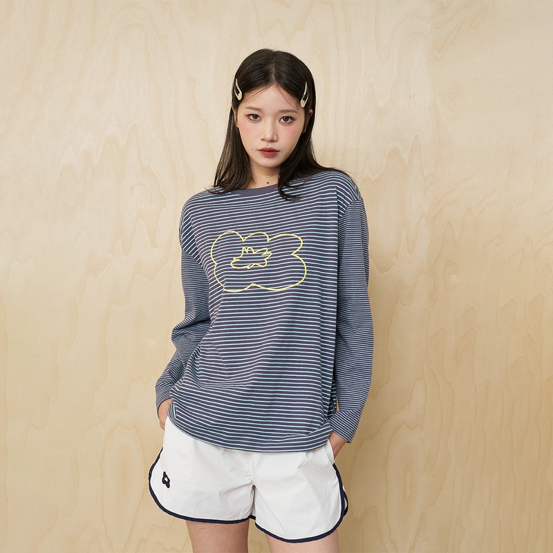 MoodLikeMe「花点心思」条纹拼接长袖圆领T恤上衣