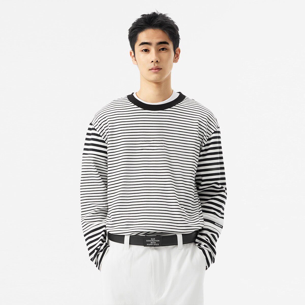 FMACM闷与狂 不规则条纹设计拼接打底休闲长袖圆领T恤2024秋上衣