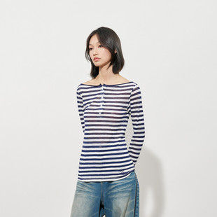 条纹罩衫 长袖 百搭T恤 一字领两穿防晒修身 闷与狂FMACM