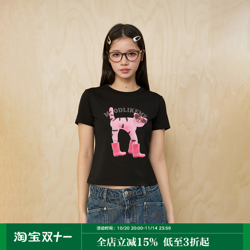 MoodLikeMe 25ss 时髦爪爪泰哥粉猫玩偶合身短款女装短袖T恤