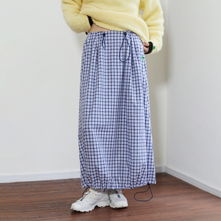 MoodLikeMe「复古90」全棉格纹垂感半身裙2025春调节抽绳格子长裙