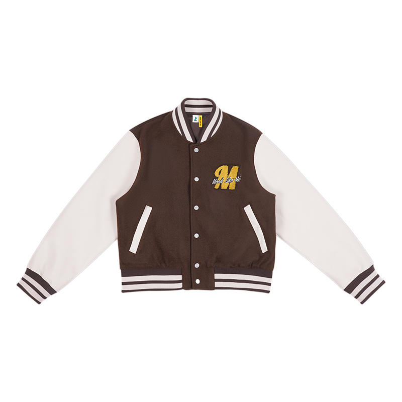 Mood Like Me  拼皮毛巾绣印花宽松休闲v领棒球服夹克外套女