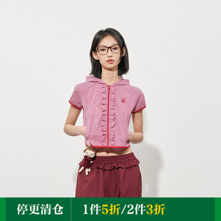 闷与狂FMACM 格纹花边连帽短袖衬衫外套女2025春夏设计感休闲衬衣