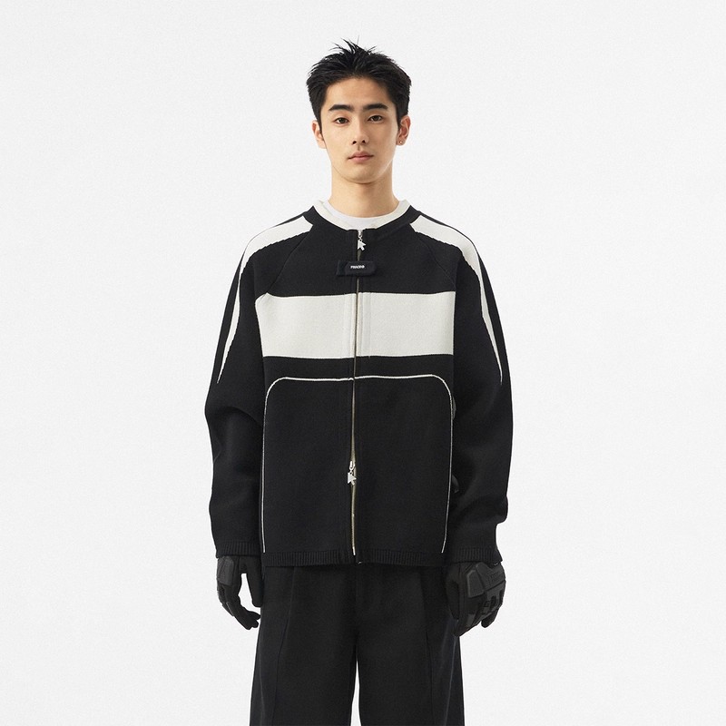 FMACM闷与狂 黑白撞色机车箭头提花拉链针织开衫2024秋冬毛衣外套