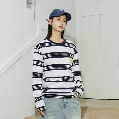 Mood Like Me 条纹撞色渐变印花长袖T恤2024春秋男女情侣圆领上衣