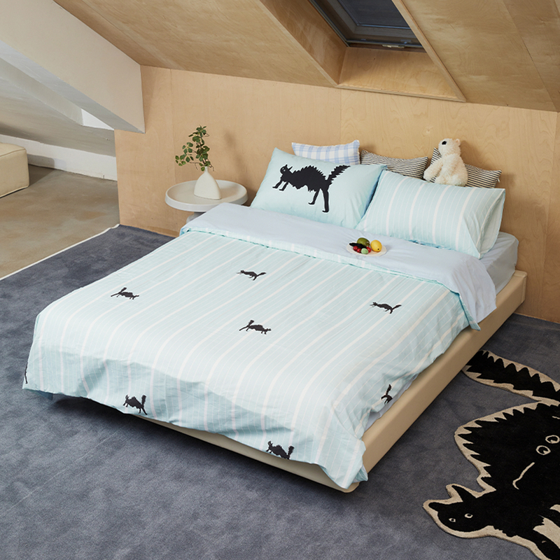 Mood Like Me 炸毛猫蓝白条纹设计感全棉床上四件套