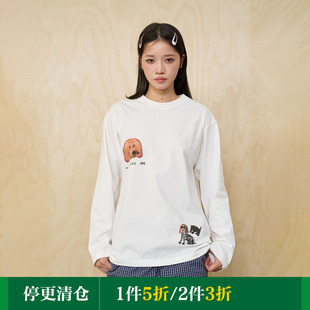 MoodLikeMe「夏日彩绘」水彩画小狗印花长袖 T恤2025圆领打底上衣