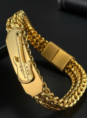 新款时尚气质钛钢金色吉他手链男生歌手摇滚音乐队粗链子手镯霸气