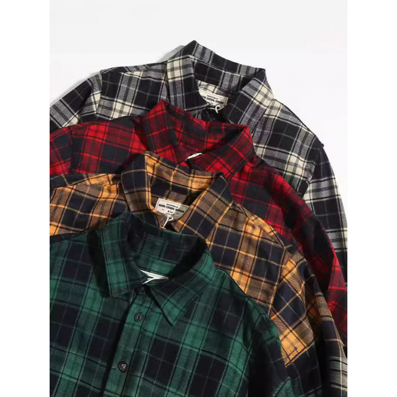 新款时尚美式复古格子衬衣潮流阿美咔叽加厚双口袋工装长袖衬衫男