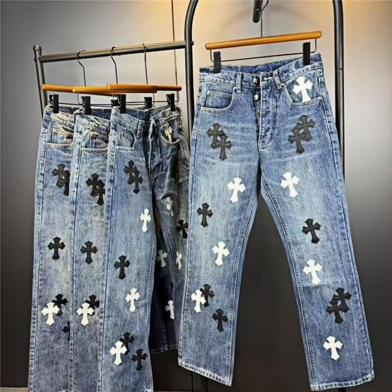 ins潮牌贴皮十字架刺绣新款男时尚新款牛仔裤直筒宽松潮流长裤子
