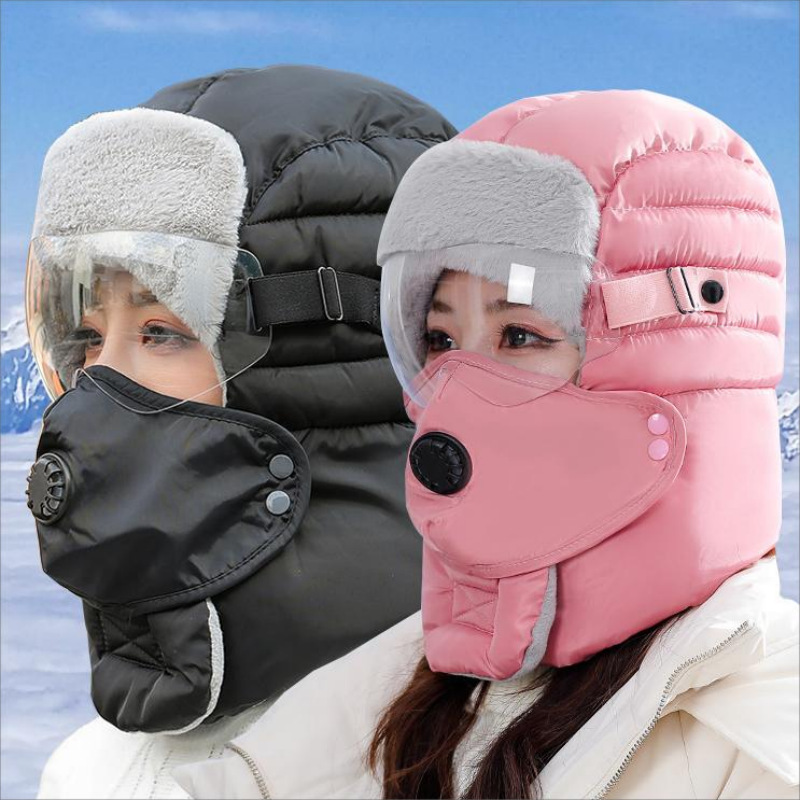Windproof Trapper Hat with Ear Flaps, Face Cover Ski Goggles