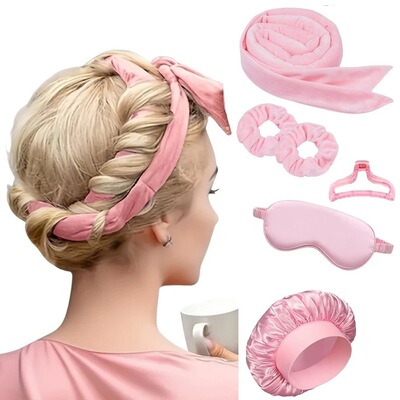Curling Iron Set, Heatless Curling Rod, Shower Cap Eye Mask