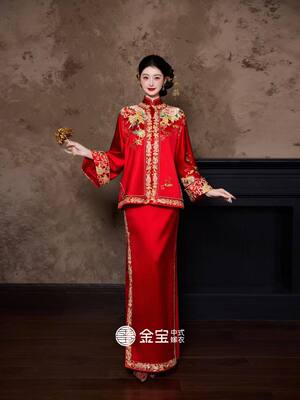 出租金宝旗袍掌上珠新款新娘结婚敬酒定婚礼服刺绣套装长袖外套
