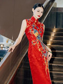 中式 礼服出租 旗袍新娘结婚订婚敬酒小拖尾凤凰重工刺绣红色新中式