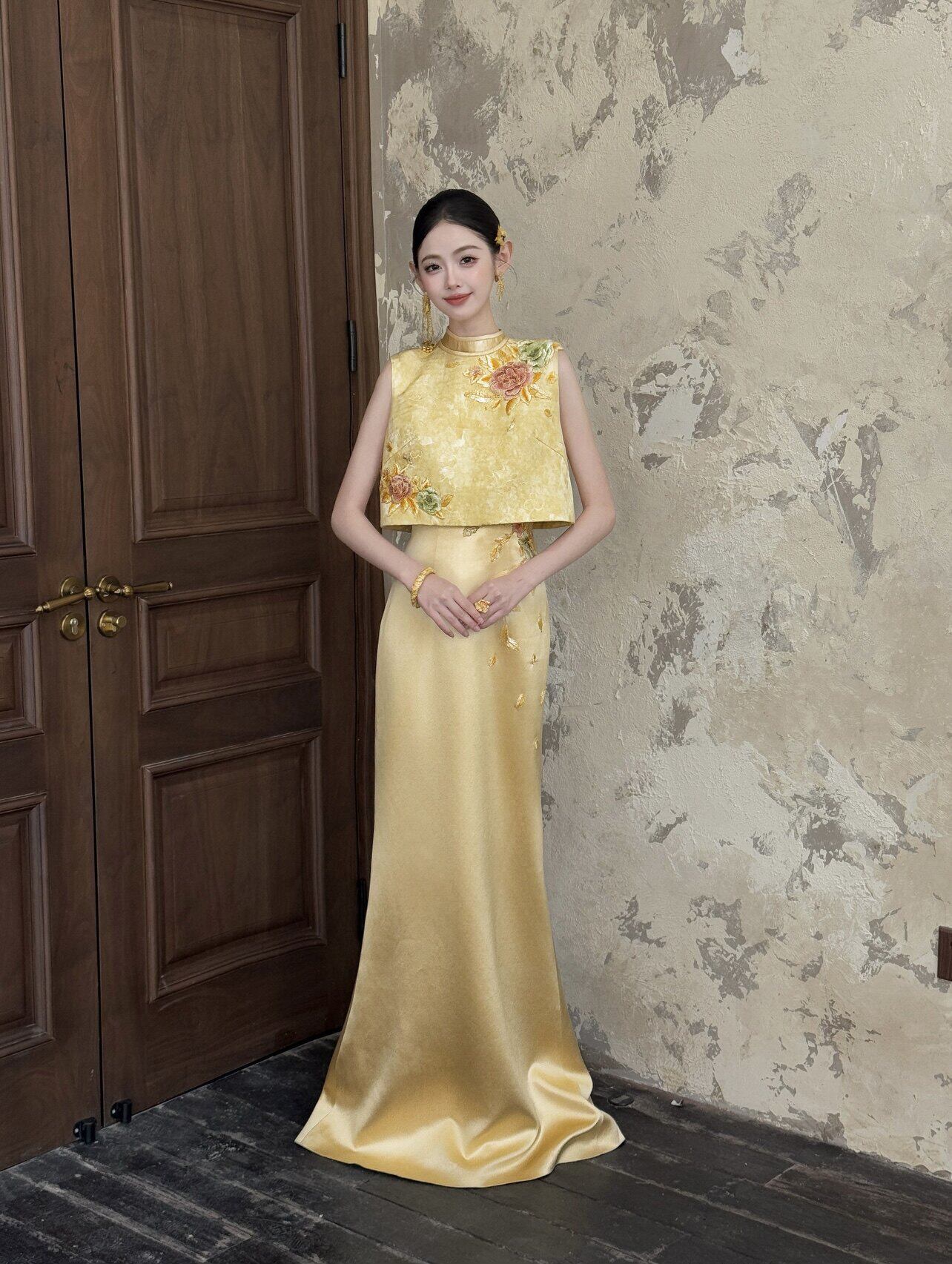 出租金宝旗袍两件套新中式结婚新娘礼服金色黄色刺绣敬酒真丝新款