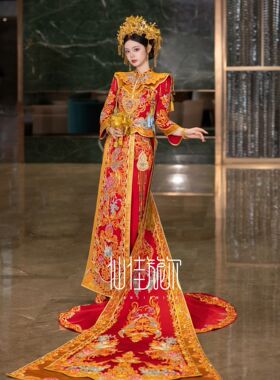 出租新中式大码红色旗袍敬酒服新娘订婚礼服龙凤褂秀禾服刺绣拖尾