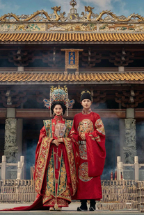 出租云河重工满花盘金绣大衫 明制汉婚服拖尾男女全套凤冠霞帔定制