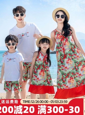 度假风亲子装母女装沙滩裙一家三四口三亚海边度假吊带红色连衣裙