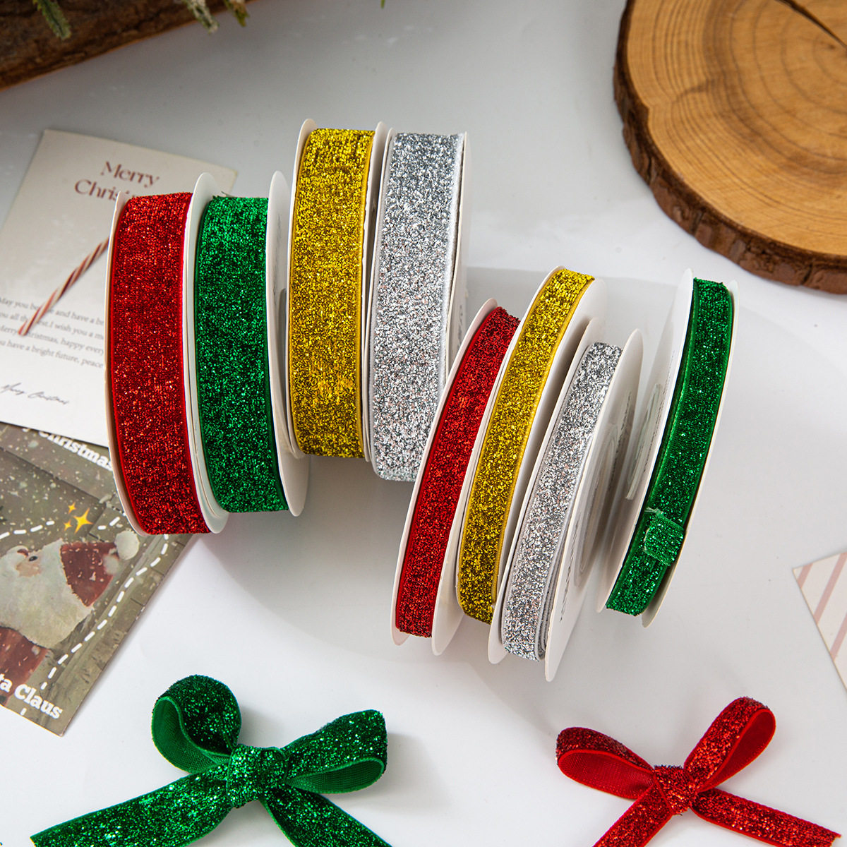 跨境小卷植绒葱绒带金葱银葱天鹅绒丝带金银色红色圣诞蝴蝶结包装