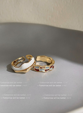 ins潮滴油棋盘格戒指女小众设计复古食指戒个性潮气质开口戒指环