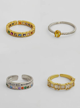 镶钻彩色锆石时尚戒指开口戒彩虹石头戒指