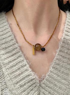 复古哥特风虎眼石串珠项链