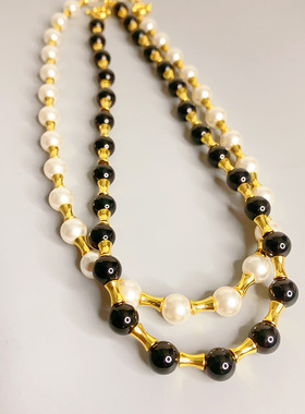 竹节链黑玛瑙珍珠串珠项链金色轻奢高级感锁骨链颈链42cm