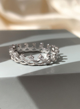 花环钻石镂空皇冠戒指可爱百搭开口戒指 铜锆石
