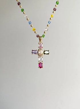万物生色超闪多巴胺彩色宝石十字架项链甜美小众锁骨链