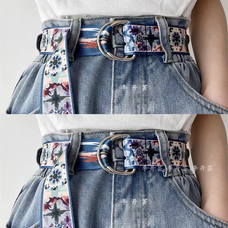 thumbnail for Non-perforated double-ring buckle canvas versatile belt, women's ins, summer fashion, trend, personality, men's decorative trouser belt