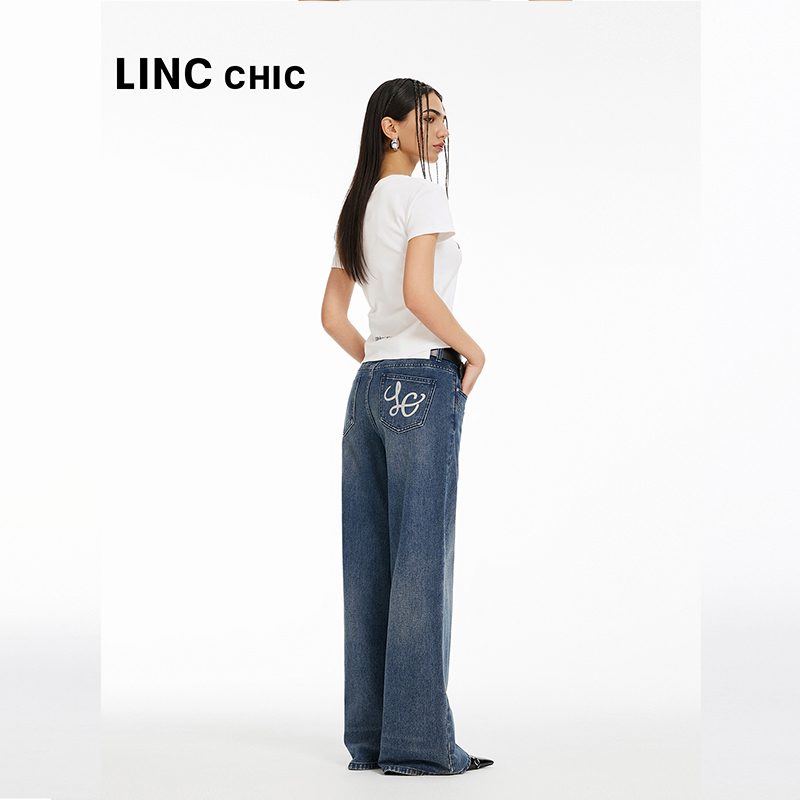 金羽杰春季高腰宽松直筒牛仔裤