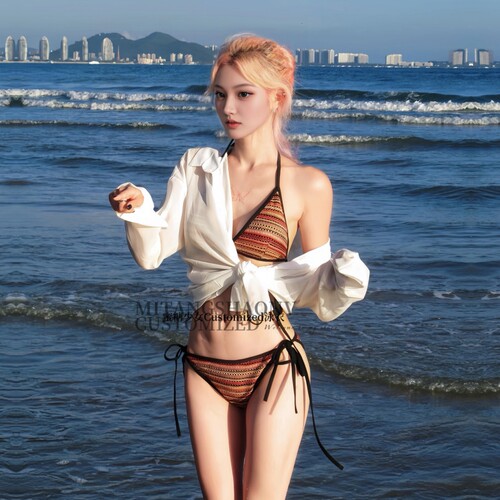 泰国复古辣妹彩色条纹绑带比基尼