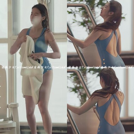 刘亦菲同款性感蓝色深V露背连体三角泳衣女 纯欲显白海边度假泳装