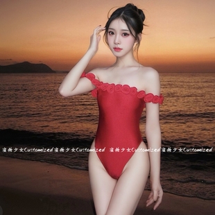 法式 一字肩性感紅色花朵顯白連體泳衣女純欲風高級感海島度假泳裝