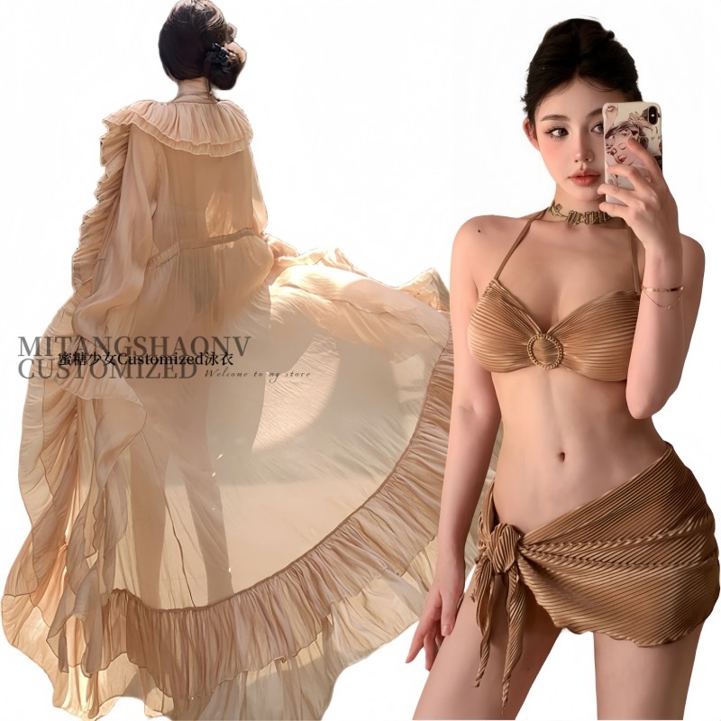 Brown bikini + outer shirt + scarf (four-piece set)