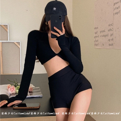 简约黑色性感低胸长袖高腰泳衣女