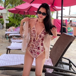 高级感刺绣海岛度假泳装 爆款 澳洲小众复古印花辣妹深V连体泳衣女