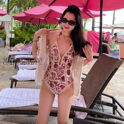 澳洲小众复古印花深V连体泳衣女