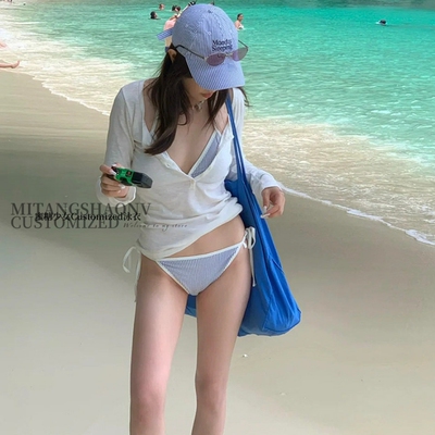 纯欲性感辣妹条纹绑带度假比基尼