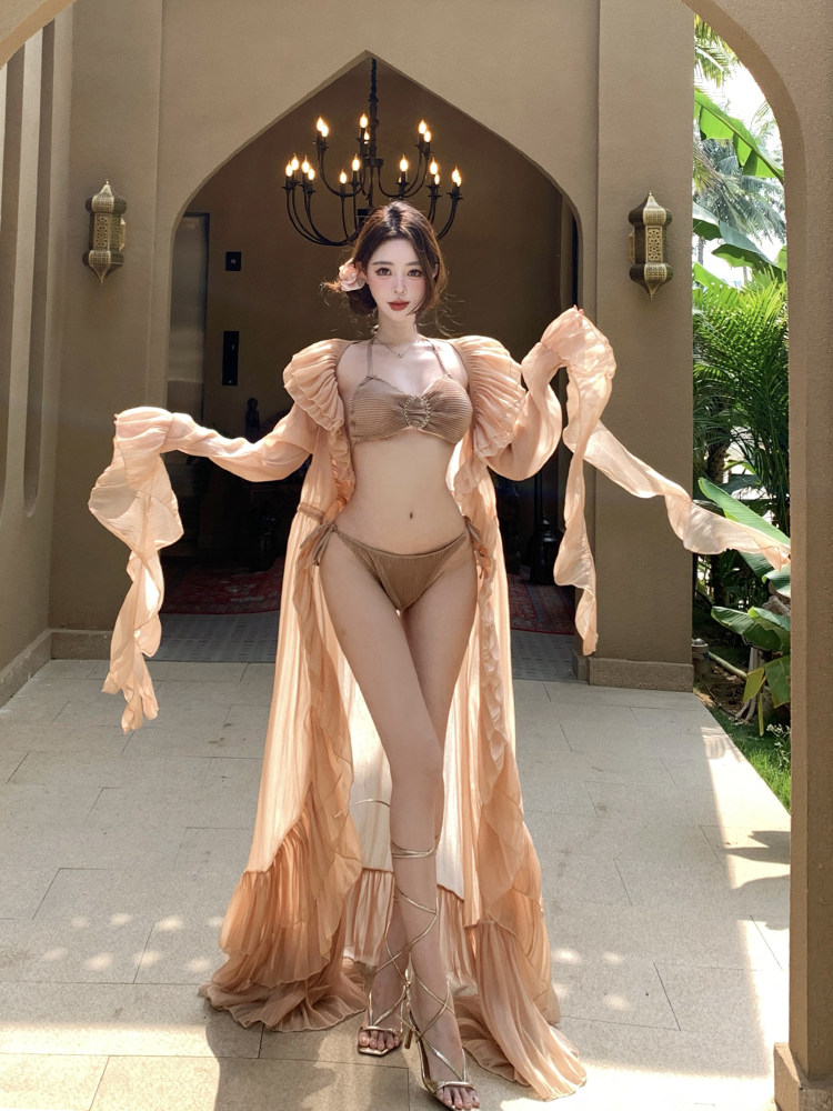 Super Fairy and Elegant Long Skirt Cardigan Pure Desire Bikini Three-Piece Set Accessible Luxury Lotus Leaf Atmosphere Vacation Photo Swimsuit