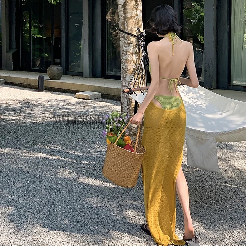 绝美海岛度假黄色针织长裙大露背挂脖比基尼三件套高级感女神泳衣
