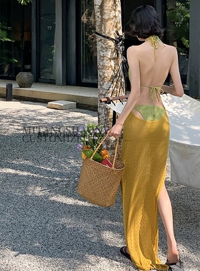 绝美海岛度假黄色针织长裙大露背挂脖比基尼三件套高级感女神泳衣