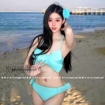 纯欲甜美辣妹蒂芙尼蓝蝴蝶结泳衣