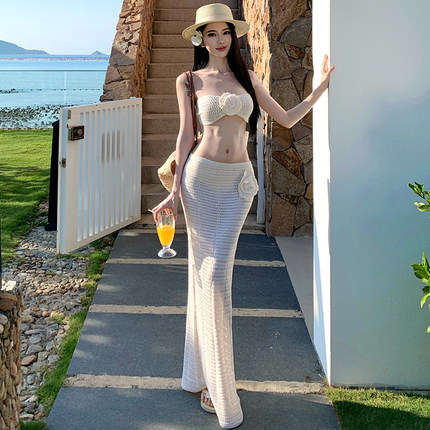 绝美纯欲风抹胸针织花朵长裙比基尼三件套辣妹高级感海岛度假泳衣