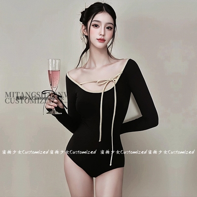 法式复古简约连体长袖防晒泳衣女