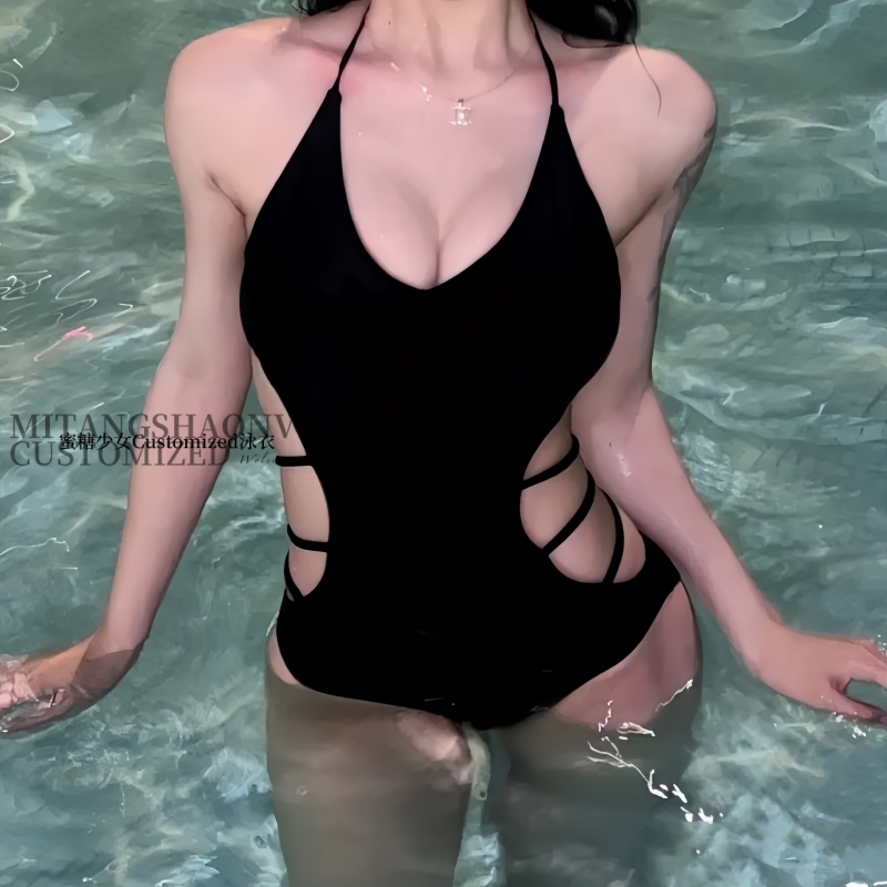 爆款黑色简约性感辣妹连体露背绑带泳衣女高级感显瘦温泉度假泳装